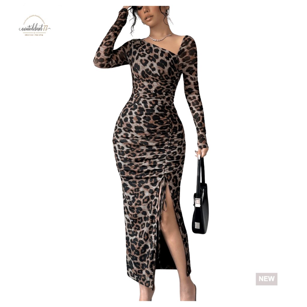 Leopard Print Maxi Bodycon Dress Long Sleeve Split Thigh Ruched